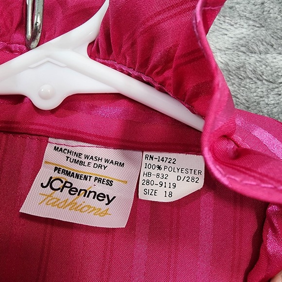 Vintage JCPenney Top Womens 18 Pink Striped Satin Ruffled High Neck Long Sleeves - Picture 7 of 10